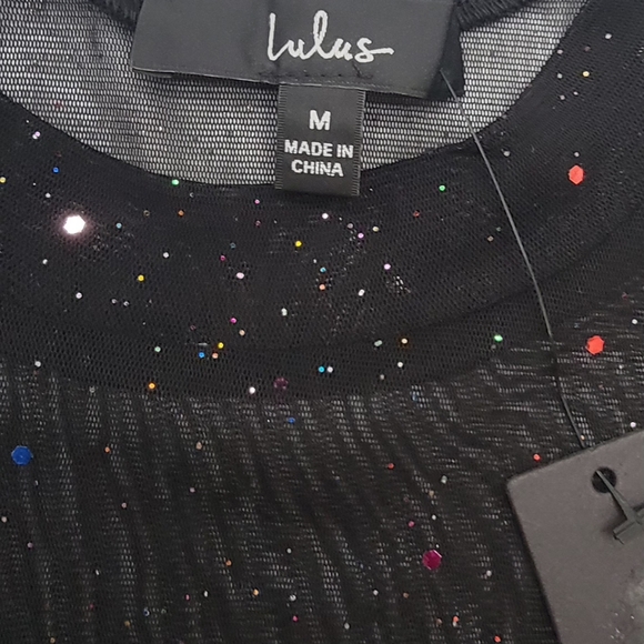 Lulu's Black Sheer Bodysuit with Glitter Accents, Long sleeves, High neck,  Sz M - Picture 8 of 9